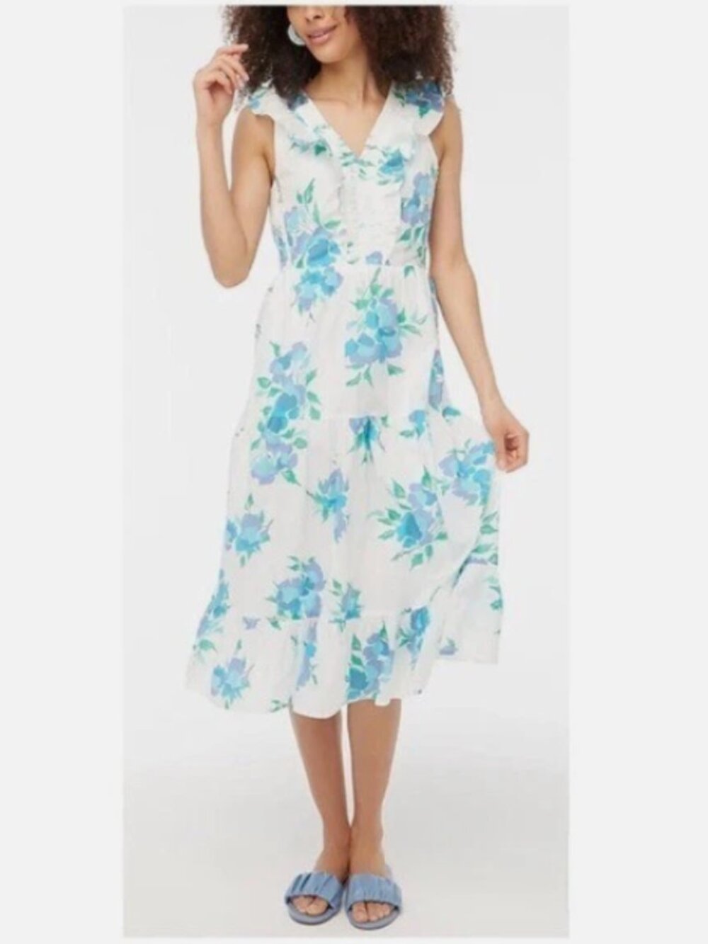 J. Crew Floral Smocked Midi Dress White/Blue Size 10